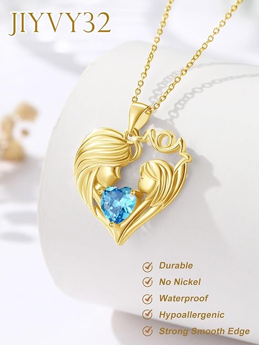 Mother and Daughter/Son Love Heart Necklace White Gold/14K Gold/Rose Gold Birthstone Jewelry Christmas Mothers Day Birthday Gifts For Mom Wife Grandma Women
