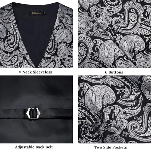 DiBanGu Mens Vest and Tie Set Formal Paisley Waistcoat and Necktie Pocket Square Cufflinks Silk Suit Vest for Tuxedo Wedding - Image 4