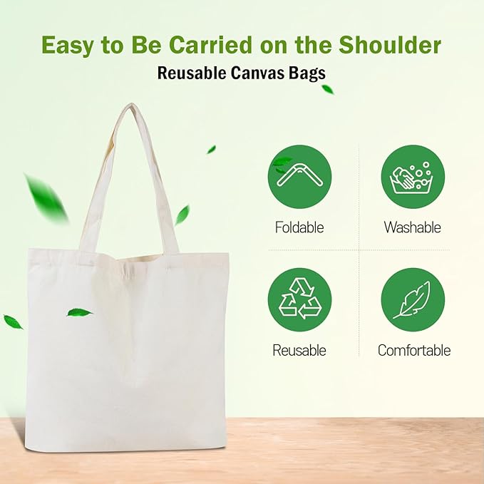 18 Pcs Canvas Tote Bags, Natural Color Tote Bags 15 x 16 inch Sustainable Eco Friendly reusable, For Grocery Bags, DIY Gift Bags, Shopping Bags (Natural Colour)