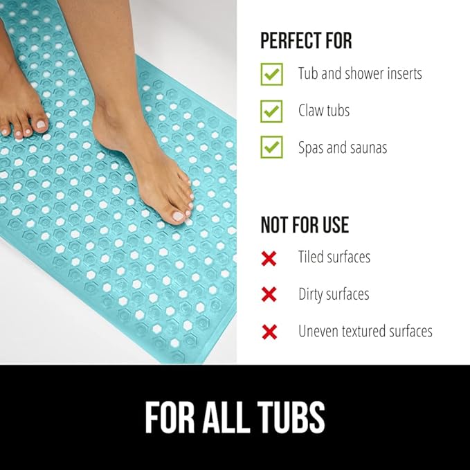 GORILLA GRIP Patented Bath Tub Shower Mat, Machine Washable Bathtub Floor Liner Mats, Suction Cups and Drain Holes to Keep Tubs Clean, Soft on Feet, Bathroom Essentials, 35x16 Inch, Clear Turquoise