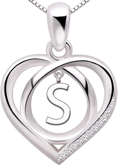 ALOV Jewelry Sterling Silver Initial Letter Alphabet Love Heart Cubic Zirconia Pendant Necklace