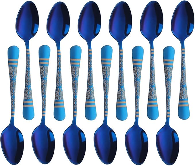 Blue Unique Pattern Design Coffee Espresso Spoons Mini, Mingcheng Stainless Steel Small Teaspoons Silverware Set of 12, BISDARUN 5.5 Inches Food Spoons for Demitasse Dessert Tea
