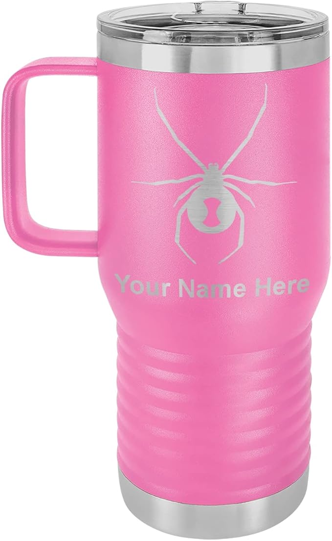 LaserGram 20oz Vacuum Insulated Travel Mug with Handle Widow Spider, Personalized Engraving Included (Pink)