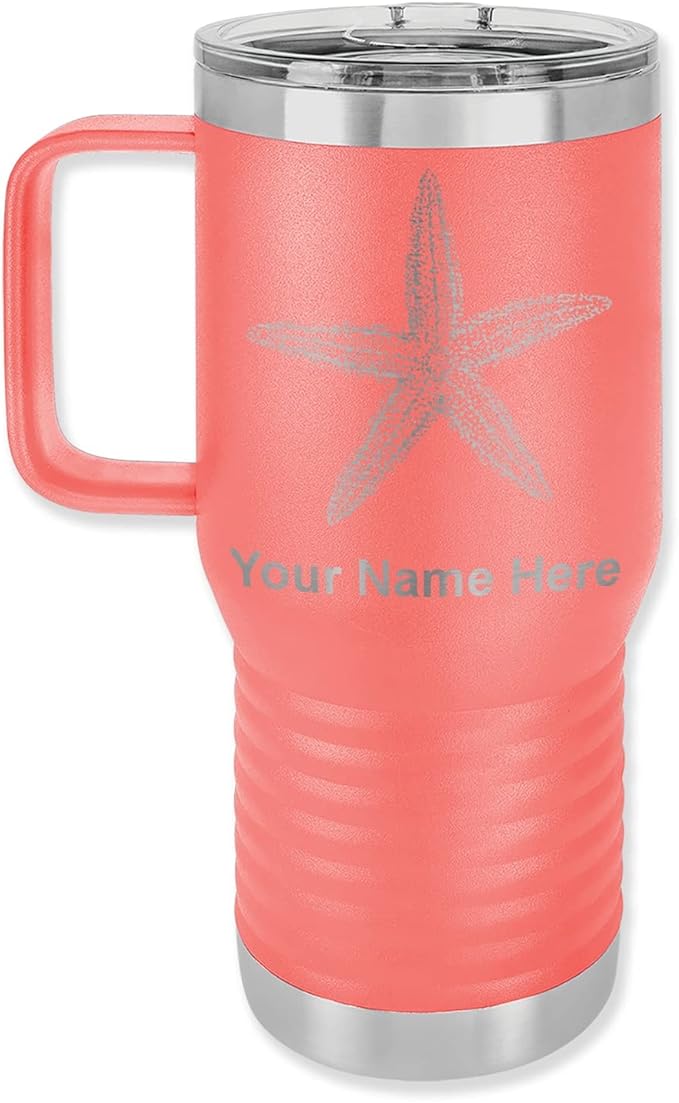 LaserGram 20oz Vacuum Insulated Travel Mug with Handle, Starfish, Personalized Engraving Included (Coral)