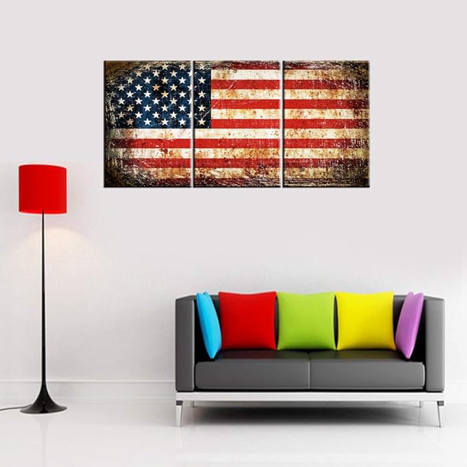 Wall Art for Living Room Native American Flag Red Pictures Star Stripes Patriotic Paintings 3 Piece Prints Artwork on Canvas Modern House Decor Framed Gallery-Wrapped Ready to Hang(42''Wx20''H)