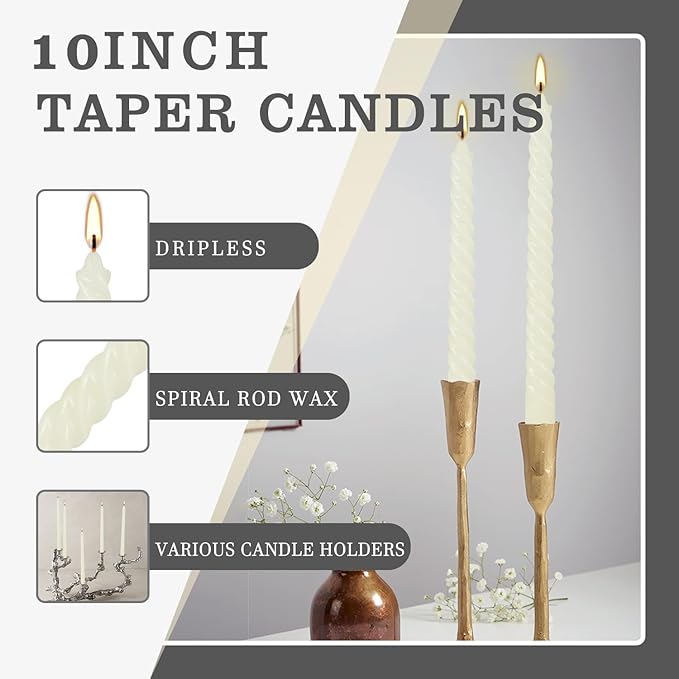 10 Inch Ivory Spiral Taper Candle Set of 12 Pack Unscented Dripless Candlesticks for Valentine's Day,Dinner,Party,Brithday,Wedding,Christmas,and Home Decoration
