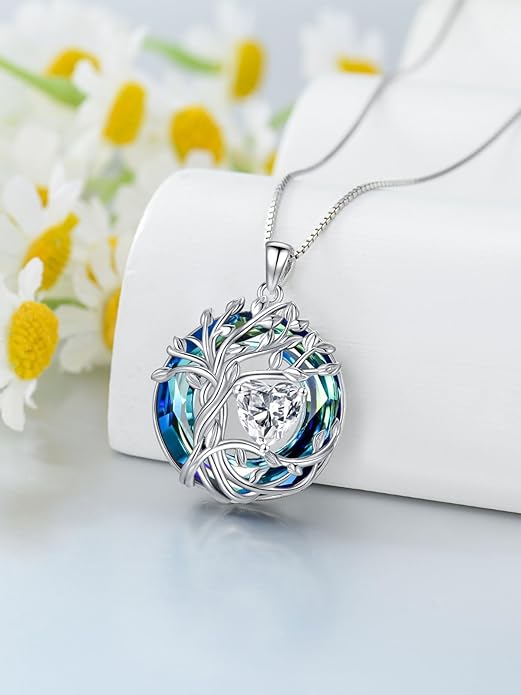 TOUPOP Tree of Life Birthstone Necklace 925 Sterling Silver Pendant Austrian Crystal Jewelry Anniversary Valentine's Day Birthday Gifts for Women Mom Her Wife
