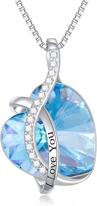 AOBOCO I Love You Sterling Silver 12 Birthstone Heart Pendant Necklace Embellished with Crystals from Austria, Mother's Day Anniversary Birthday Jewelry Christmas Gifts for Women Grandma Nana
