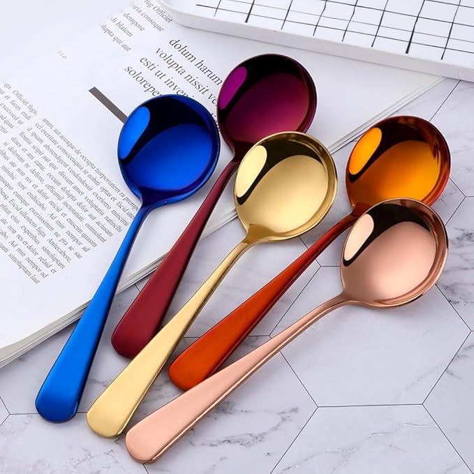 Buyer Star 8 Pieces Stainless Steel Round Soup Spoon, 6.3 Inch Mirror Polished Spoon Cutlery, Dishwasher Safe (Mixed color)
