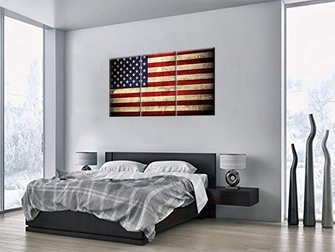 Native American Decor USA Flags Pictures Patriotic Paintings Stars Stripes Artwork 3 Pieces Red Canvas Wall Art for Home Posters and Prints Framed Stretched Ready to Hang in Living Room(48''Wx24''H)