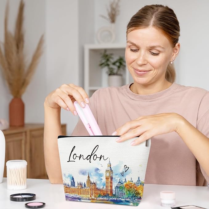 London Travel Gifts Makeup Bag, City Travel Watercolor Cosmetic Bag for Purse, London Souvenir Bags, Trip Favors for Traveller Lovers, City Themed Organizer