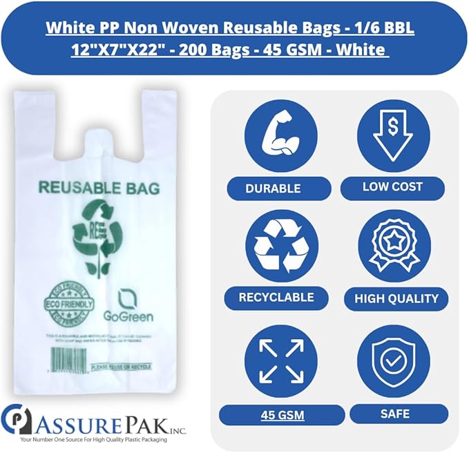 ASSUREPAK White PP Non Woven Reusable Bags - 200 Bags - 1/6 BBL 12"X7"X22" - 45 GSM - White - WHT12722PPNWRB45