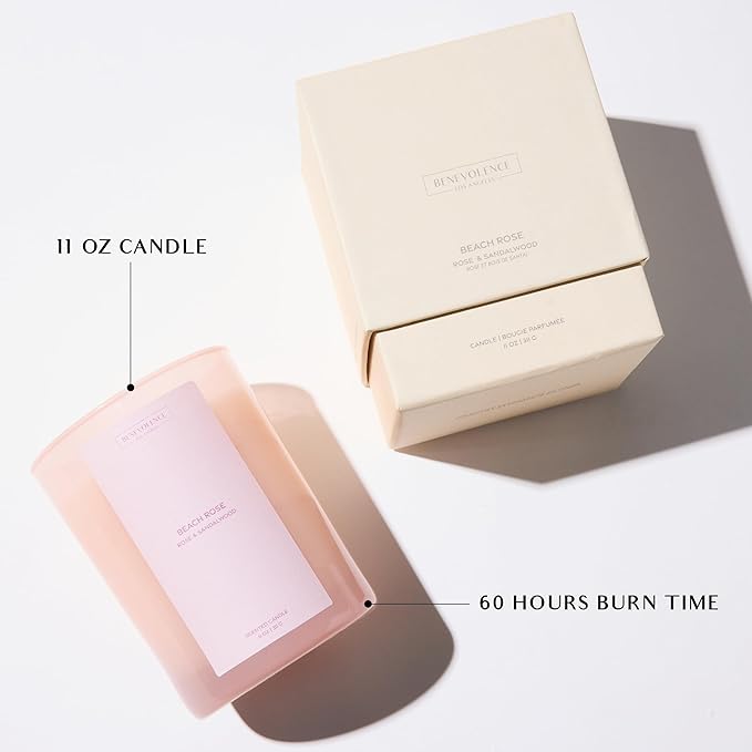 Rose & Sandalwood Scented Candle | 11oz, 60 Hour Burn | Natural Soy Wax, Cotton Wick | Soy Scented Candles for Home Fragrance | Benevolence LA Sun-Kissed Collection - Beach Rose
