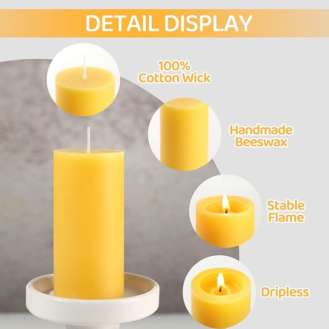 6 Pack Natural Beeswax Pillar Candles,100% Pure Beeswax Candles-210 Hours Long Burning,Organic Bees Wax Candles for Home,Paryer,Parties,Unscented Dripless Smokeless Beeswax Candle Bulk 2x4in