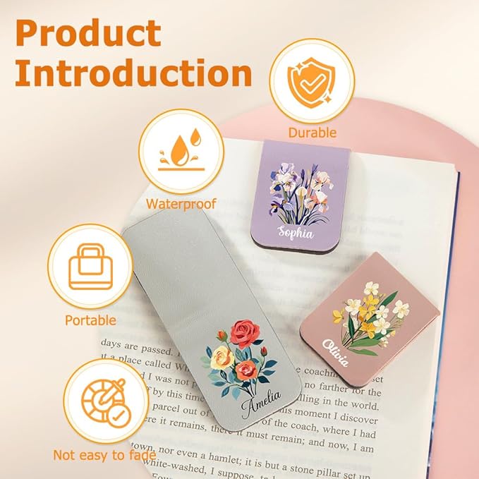 callie Personalized Magnet Bookmark Clips - Custom Birth Flower & Name, Leather Magnetic Book Page Marks for Reading, Gifts for Women Men Book Lovers