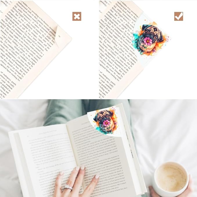 2PCS Leather Bookmarks 3.54 x 3.54 Inch Color Splash Pug with Flower Design Reading Accessories for Books Journals Bibles Travel Diary Students Teachers and Book Lovers Gift