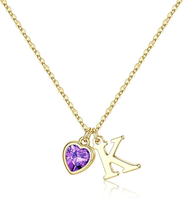 Turandoss Valentines Day Gifts for Her Trendy, Dainty 14K Gold Plated Initial A-Z Heart Birthstone Pendant Necklace Personalized Bridesmaid Birthday Valentines Jewelry Gifts for Women Girls