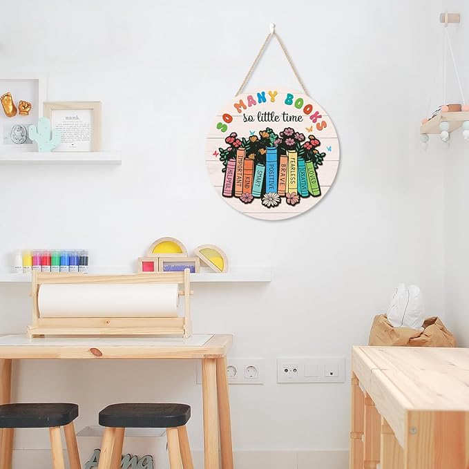 CHDITB Reading Book Wooden Hanging Sign, Colorful Inspiration Saying Books Wooden Plaque, Library Wood Sign for Bookish, So Many Books So Little Time Wall Hanging for Read Corn Classroom Decor