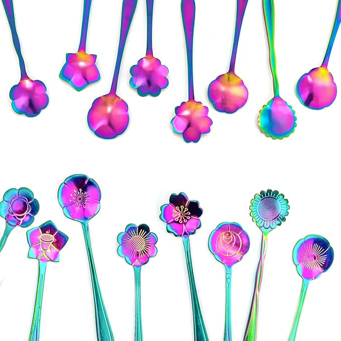 8 Pieces Rainbow Flower Spoon Coffee Teaspoon Set, Stainless Steel Reusable Cute Tea Spoon for Drink Mixing Milkshake Jam, 8 Different Patterns