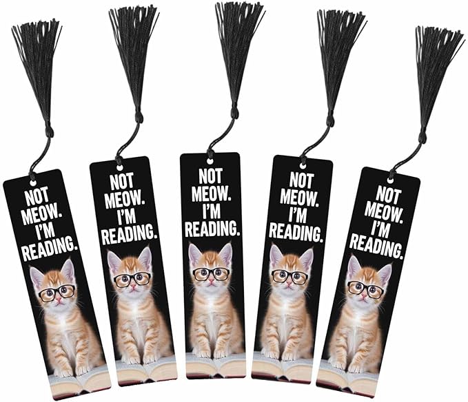 Funny Cat Bookmarks 5 Pcs Cute Animal in Glasses Black Wooden Bookmark with Tassels for Reading Book Lovers Gift Office School Readers Teacher