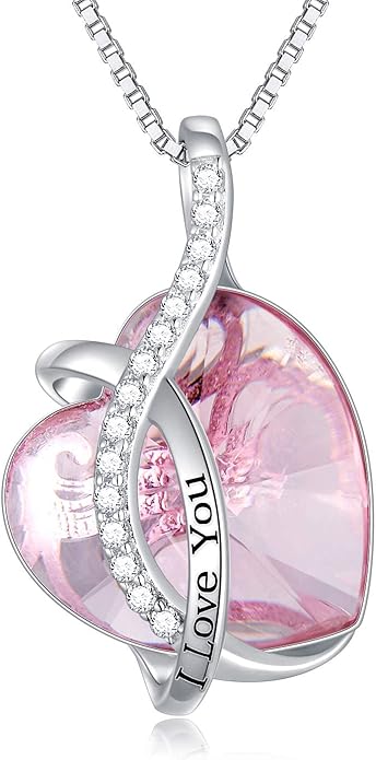 AOBOCO I Love You Sterling Silver 12 Birthstone Heart Pendant Necklace Embellished with Crystals from Austria, Mother's Day Anniversary Birthday Jewelry Christmas Gifts for Women Grandma Nana