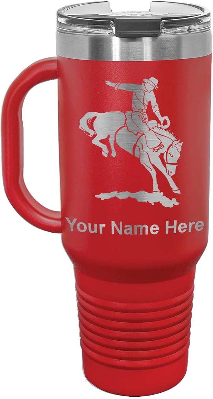 LaserGram 40oz Vacuum Insulated Travel Mug with Handle, Bronco Rider, Personalized Engraving Included (Red)
