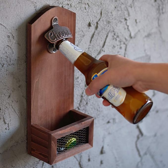 Bottle Opener with Cap CollectorCatcher,Vintage Wooden Wall Mounted Bottle Opener, Ideal Gift for Men and Beer Lovers, Use as Bar Decoration.