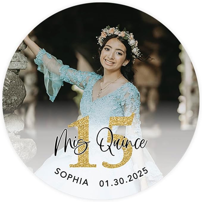 Andaz Press 40-Pack Personalized 2" Round Circle Quinceañera Labels, Mis Quince Sticker Labels with Custom Photo for Quince Años Favors Invitations XV, 15th Birthday Quinceanera Decorations