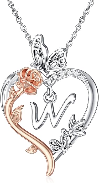 TOUPOP Rose Heart Necklaces Gifts for Women 925 Sterling Silver Butterfly Heart Initial Necklace Anniversary Valentines Day Birthday Jewelry Gifts for Mom Her Wife Girlfriend Daughter