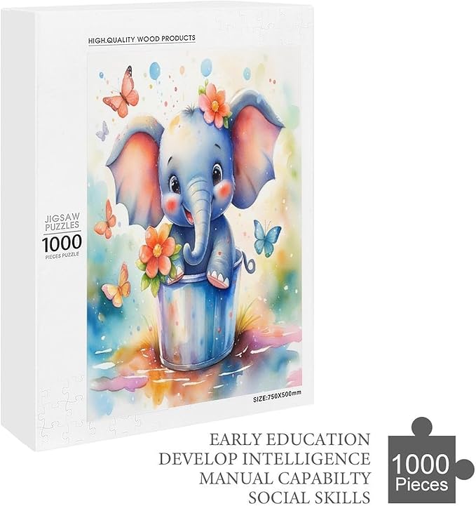 Wooden Puzzles 1000 Piece，Colorful Happy Elephant Themed Jigsaw Puzzles，Educational Games，Family Puzzles，Unique Gifts for Wall Art，Funny Puzzles，Stress Relief Games，Puzzle Games
