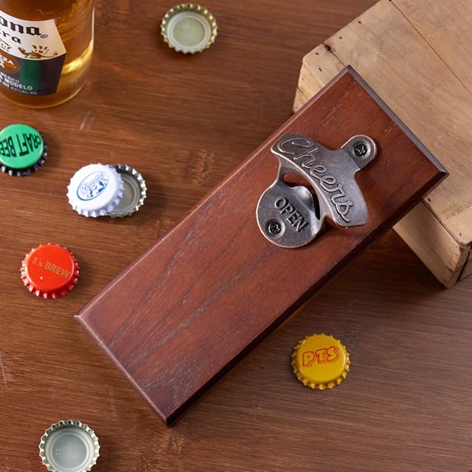 Magnetic Bottle Opener with Cap Catcher, Wooden Wall Mounted Opener, Ideal Gift for Men Dad and Beer Lovers, Use as Kitchen-Yard-Bar Decoration.