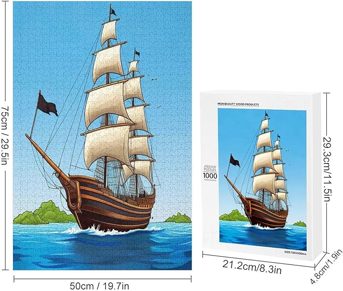 Puzzles for Adults 1000 Pieces Wooden Jigsaw Puzzle - Sail Ship Pirate Sea Island Theme Puzzle，Party Games，Family Toys，Educational Puzzles，Stress Relief Wooden Puzzle，Gifts for Family and Friends