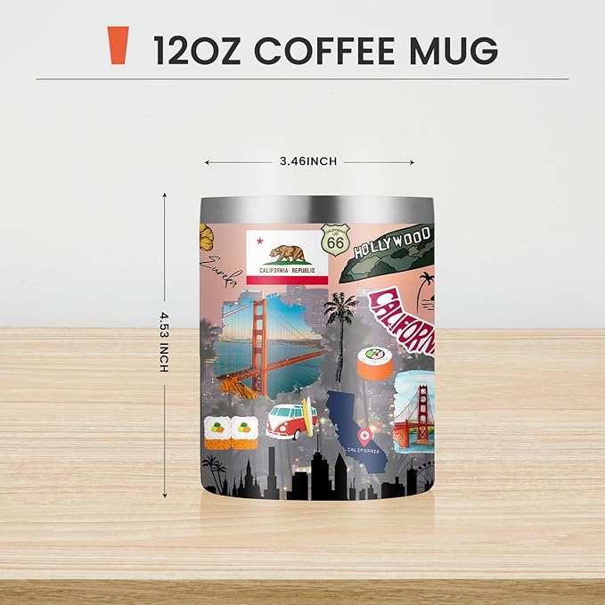 12oz Coffee Mug California State Insulated Coffee Cups, United States Map Travel Mug Landmark, Birthday Gifts Cute Mugs with Lid and Straw Mothers Day Gifts