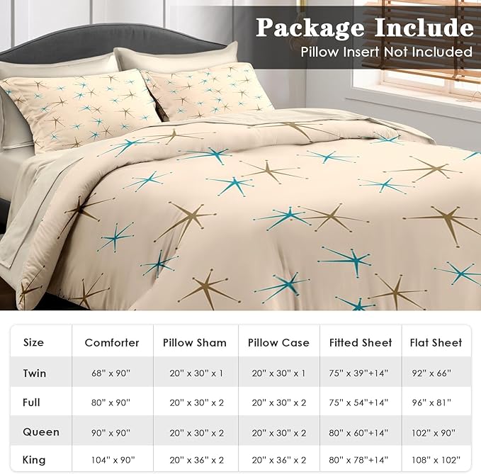 Comforter Set Twin Size, Mid Century Vintage Atomic 5 Pcs Bedding for Kids and Adults, Retro Geometric Science Bed Sheet Sets with Fitted Sheet Pillowcase & Sham for Bedroom Bed Decor