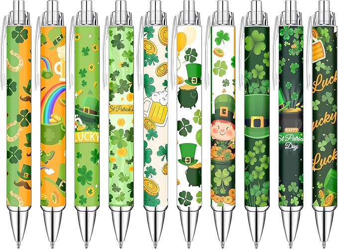 Idealmuzik Green Theme Ballpoint Pens Set of 10 – Shamrock & Lucky Clover Design with Smooth Black Ink – St. Patrick’s Day Inspired Pens for Office, Home, Party Favors, and Gifts