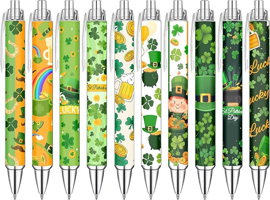 Idealmuzik Green Theme Ballpoint Pens Set of 10 – Shamrock & Lucky Clover Design with Smooth Black Ink – St. Patrick’s Day Inspired Pens for Office, Home, Party Favors, and Gifts