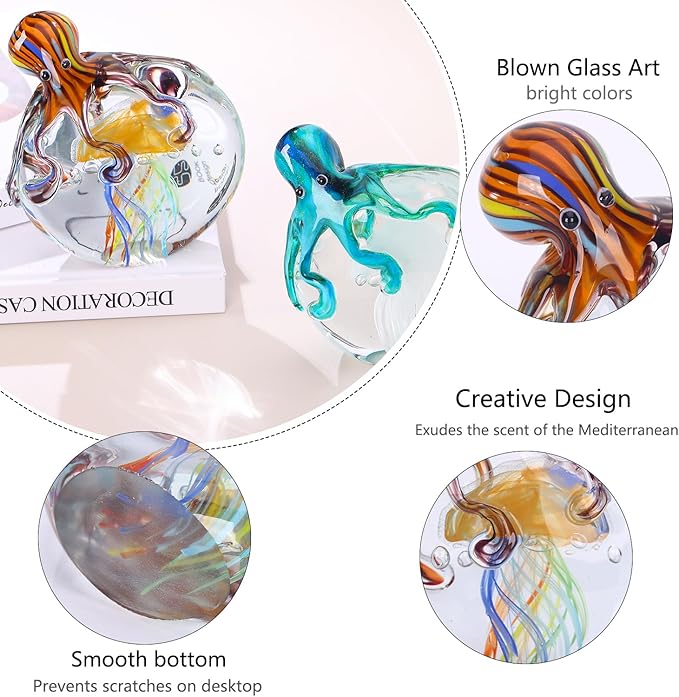 LCCCK Glass Octopus Jellyfish Statue Home Decor, Hand Blown Glass Decor Ocean Figurines Octopus Sculpture, Murano Art Office Desk Paperweights Fish Tank Aquarium Sea Animals Christmas Birthday Gift