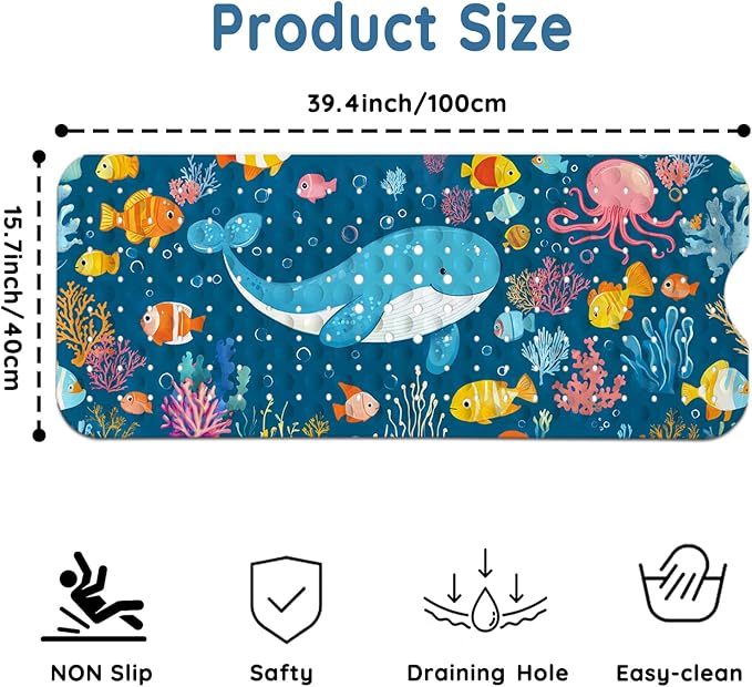 LNOND Bath Mat for Tub for Kids, Boy Toddler Bathtub mat Non Slip, Ocean Fish Kids Bath Mats for Bathroom Non Slip with Drain Holes and Suction Cups,Machine Washable (40 X 16 Inch)