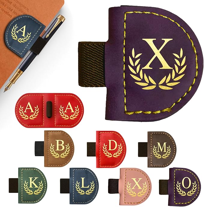 Personalized Leather Magnetic Bookmark with Pen Holder, Custom Bygone Mark Bookmark with Pen Holder, Custom Bookmarks with 26 Letters for Reading Women, Men, Teachers, Book Lovers（Purple，X）