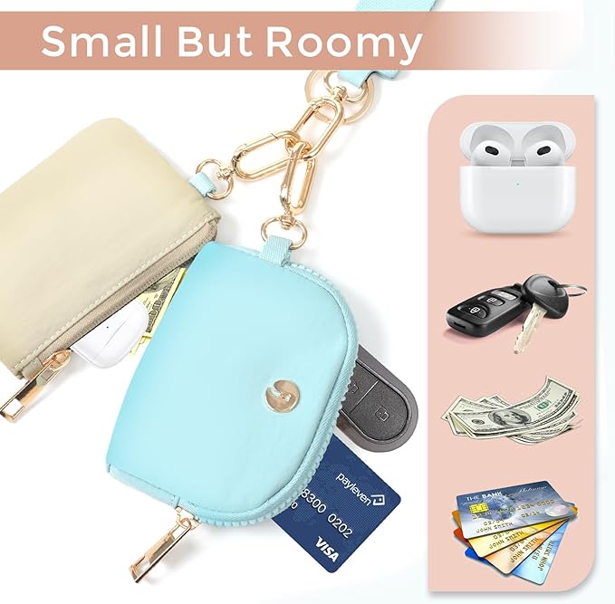 Dual Pouch Wristlet Keychain Wallets for Women with 2 Detachable Zipper Coin Purse - Small and Portable Mini Card Wallet for Women Men Gold Hardware Ice Blue+Khaki