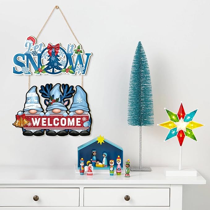 CHDITB Let it Snow Wooden Sign, Winter Welcome Wood Hanging Plaque, Dwarfs Front Door Sign for, Snowflake Wall Art Sign Hanger, Dwarf Seasonal Wall Decor for Outdoor Porch Yard Home Decor