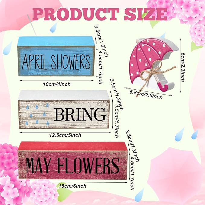 4 Pcs Spring Decorations for Home Wooden Umbrella Tiered Tray Decorations Spring Centerpieces for Tables Farmhouse Decorative Umbrella Faux Stack Block Sign for Home Shelf Decor