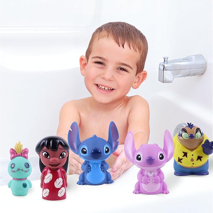 Disney Stitch - 5 Piece Jumbo Squirter Bucket - Bath Toys for Baby and Toddlers - Includes Organizer Bucket - Store Bath Time Water Toys
