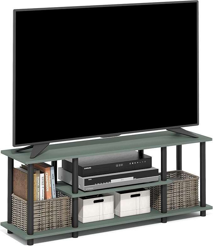 Furinno Turn-N-Tube TV Stand, 3-Tier Entertainment Center with Open Shelves, TV Console for TV up to 50 Inch, for Living Room, Bedroom, Sage Green