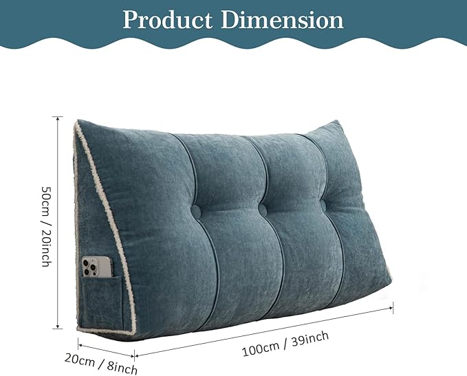 Headboard Pillow Twin, Chenille Triangular Wedge Pillow Headboard Twin Size, Reading Setting Backrest Daybed Pillows for Bed Sofa with Removable Coverr, Blue