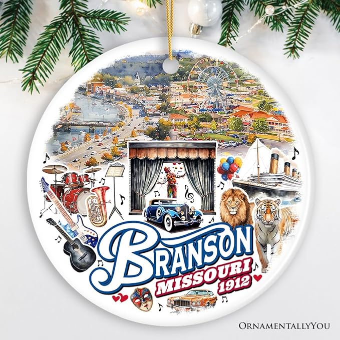 Culturally Vibrant Branson City Ceramic Ornament, Missouri Souvenir and Christmas Tree Decor (Circle)