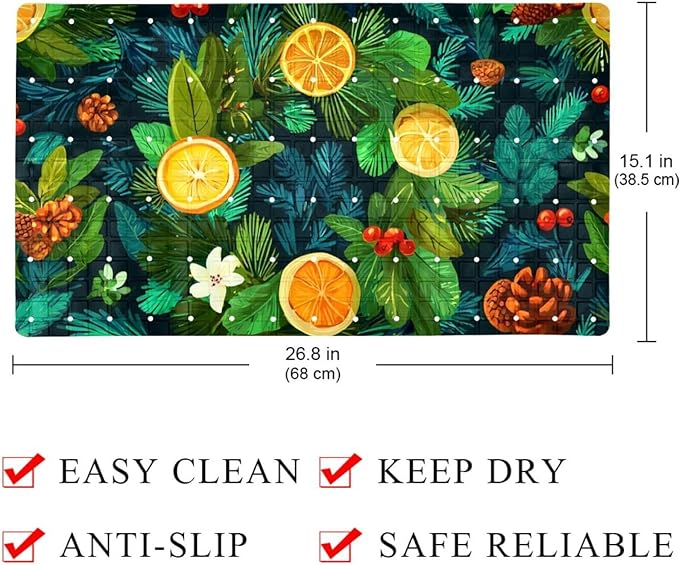 Non Slip Bath Mat for Tub, 15.1 x 26.8 Inch Bathtub Mat Machine Washable Shower Mat with Drain Holes and Suction Cups, Christmas Wreath New Year Pattern