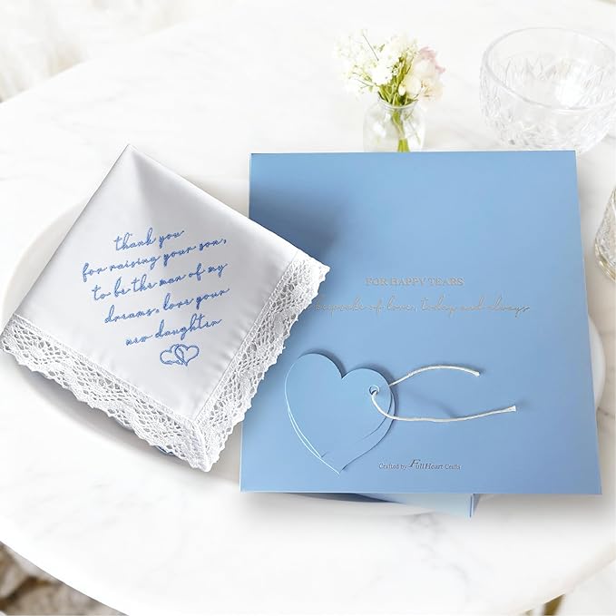 LADY&HOME Something Blue Embroidered Wedding Handkerchief - Mom,Dad,Daughter,Lace Bridal Hankies Wedding Gifts