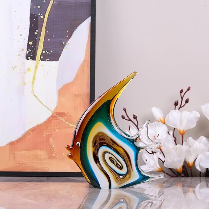 DOVDOV Hand Blown Glass Fish Sculpture, red and Colorful Glass Fish Decorations, Colorful Home Decorations for Bookshelf, Office, Living Room TV Stand, Room Decor Aesthetics.