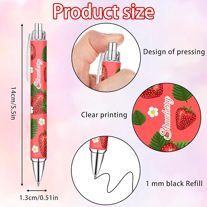 Idealmuzik Strawberry Theme Ballpoint Pens Set of 8 – Cute Strawberry Pattern Design with Smooth Black Ink – Aesthetic Writing Pens for Office, Home, Party Favors, and Gifts